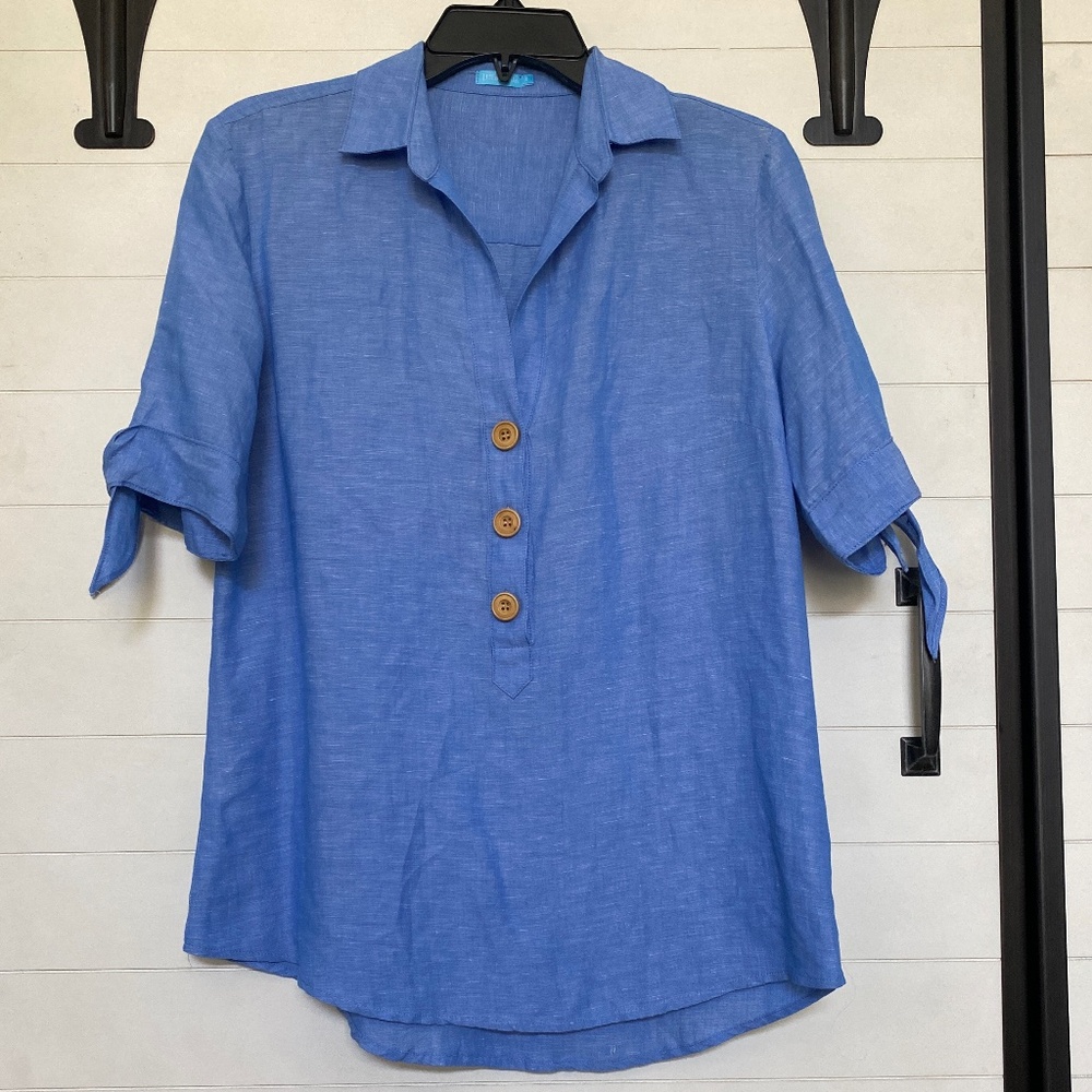 J. Mclaughlin Linen Blend Short Sleeve Shirt Blue Small